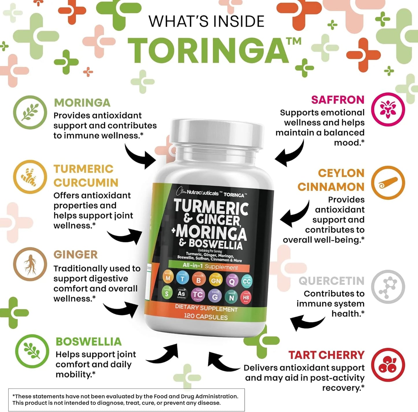 Turmeric Moringa Supplement | Ginger Boswellia Saffron - Supplement for Women and Men with Ceylon Cinnamon, Tart Cherry, Quercetin Garlic Nettle Holy Basil - 1Pack