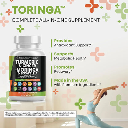 Turmeric Moringa Supplement | Ginger Boswellia Saffron - Supplement for Women and Men with Ceylon Cinnamon, Tart Cherry, Quercetin Garlic Nettle Holy Basil - 1Pack