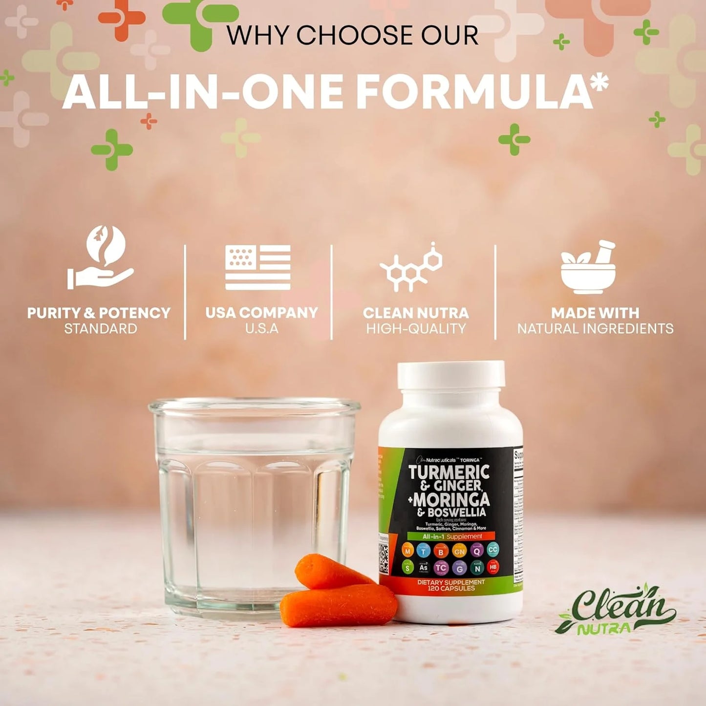 Turmeric Moringa Supplement | Ginger Boswellia Saffron - Supplement for Women and Men with Ceylon Cinnamon, Tart Cherry, Quercetin Garlic Nettle Holy Basil - 1Pack