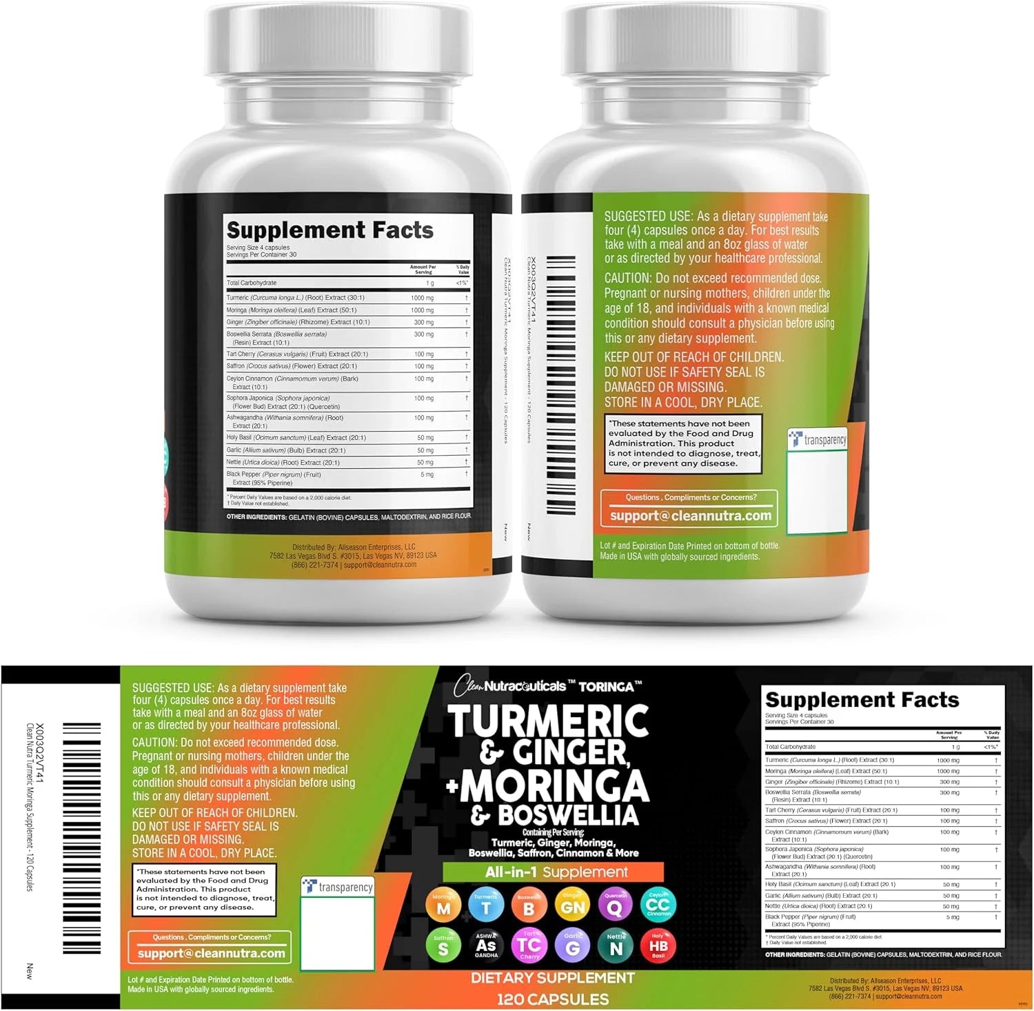 Turmeric Moringa Supplement | Ginger Boswellia Saffron - Supplement for Women and Men with Ceylon Cinnamon, Tart Cherry, Quercetin Garlic Nettle Holy Basil - 1Pack